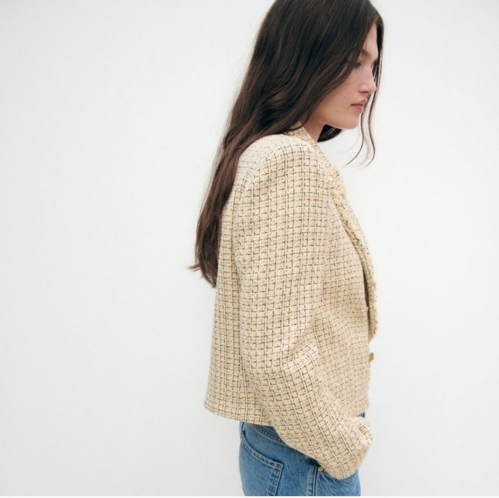 SOLD Zara Tweed Cropped Blazer Sz M Butter Yellow Double Breasted Preppy - Picture 5 of 13